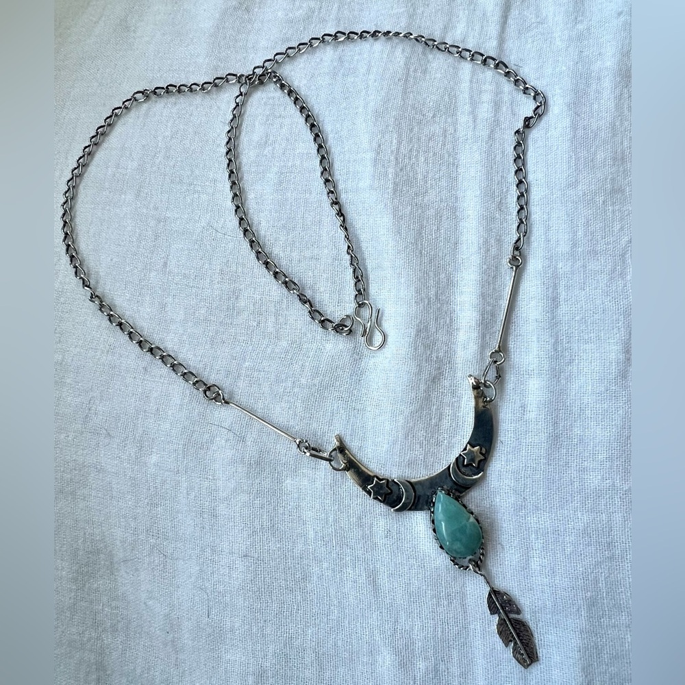 925 Flawed Boho Caribbean Larimar Feather Pendant Necklace - Picture 4 of 10
